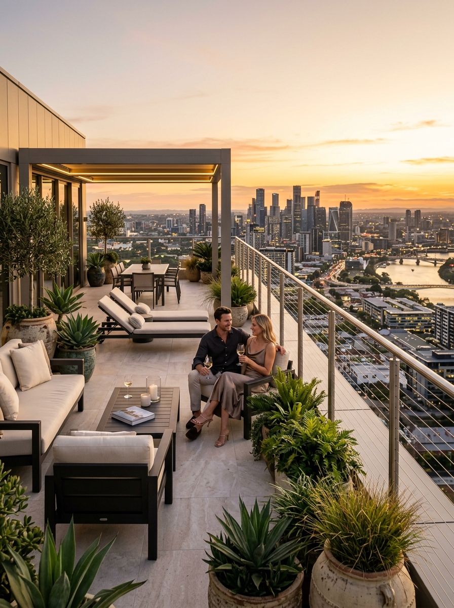 Terrace invisible cable grill installation with open sky view