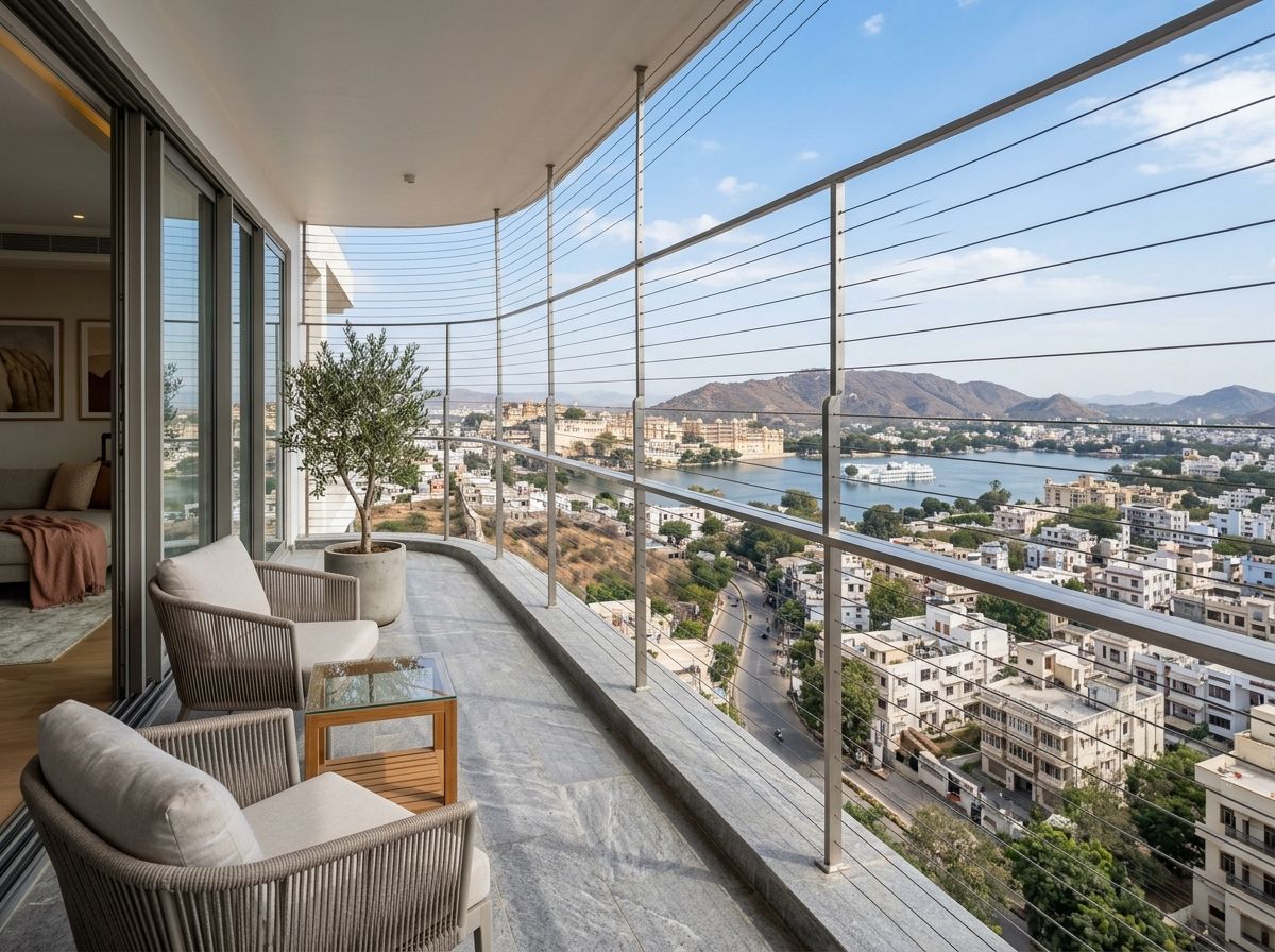 Invisible grill installed on luxury apartment balcony in Udaipur