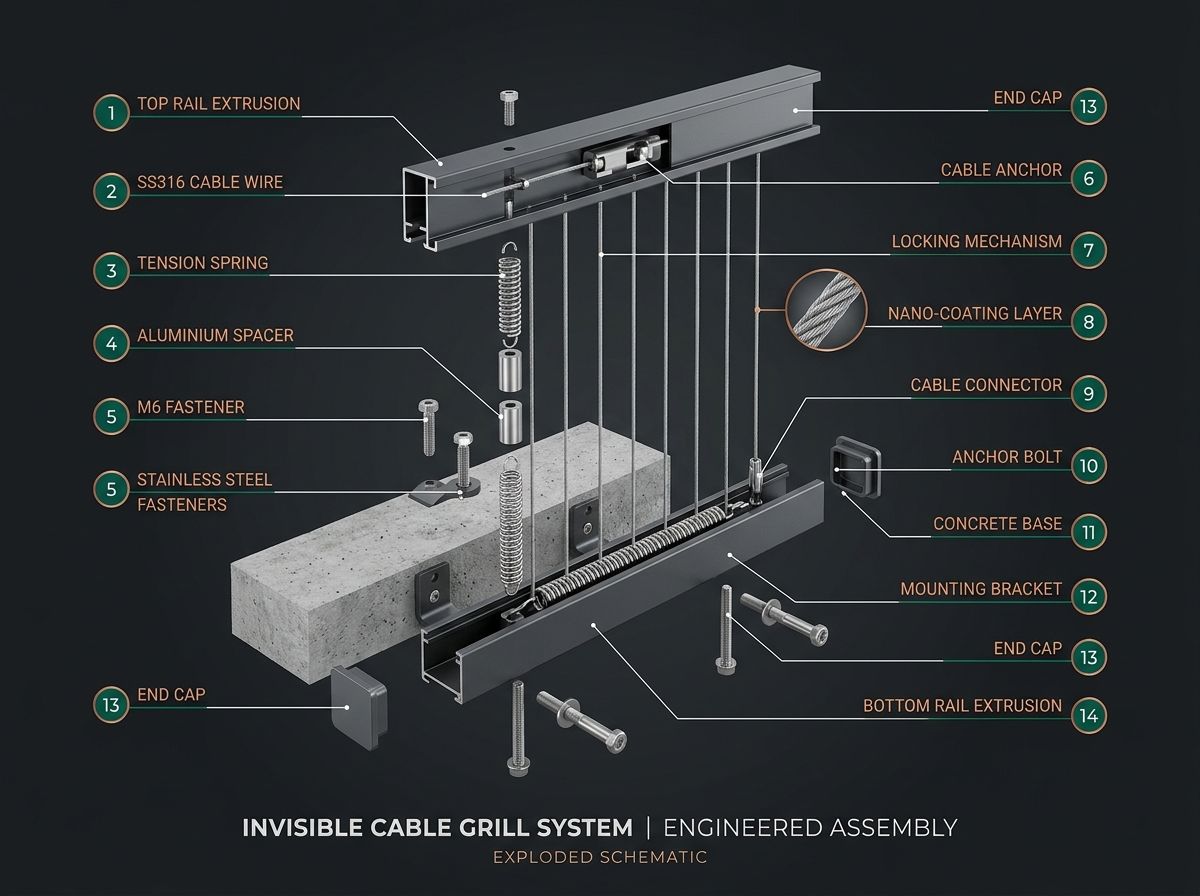 Engineering diagram of JIG invisible grill system components