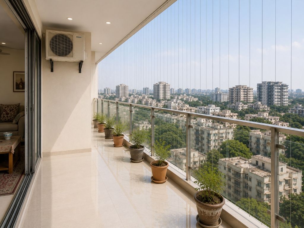 After: Clean balcony with invisible cable safety grills