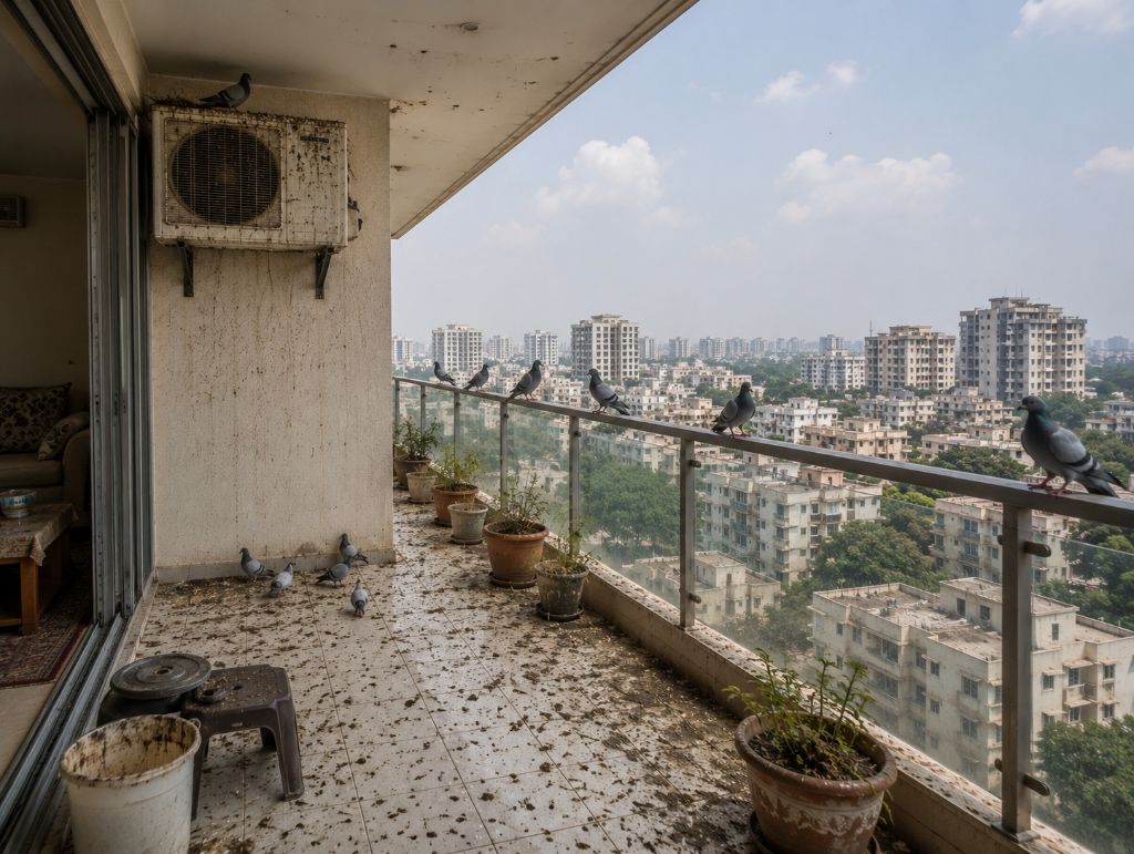 Before: Dirty balcony with nesting pigeons